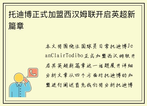 托迪博正式加盟西汉姆联开启英超新篇章