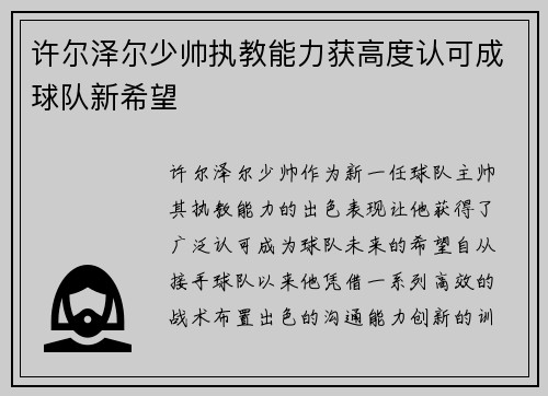 许尔泽尔少帅执教能力获高度认可成球队新希望